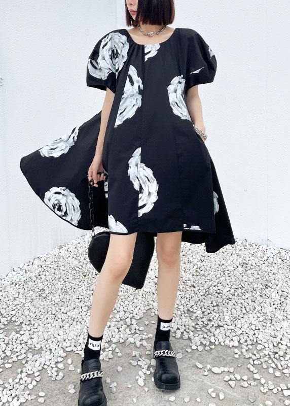 Unique Black Print O Neck Cotton Puff Sleeve Mini Dress Summer