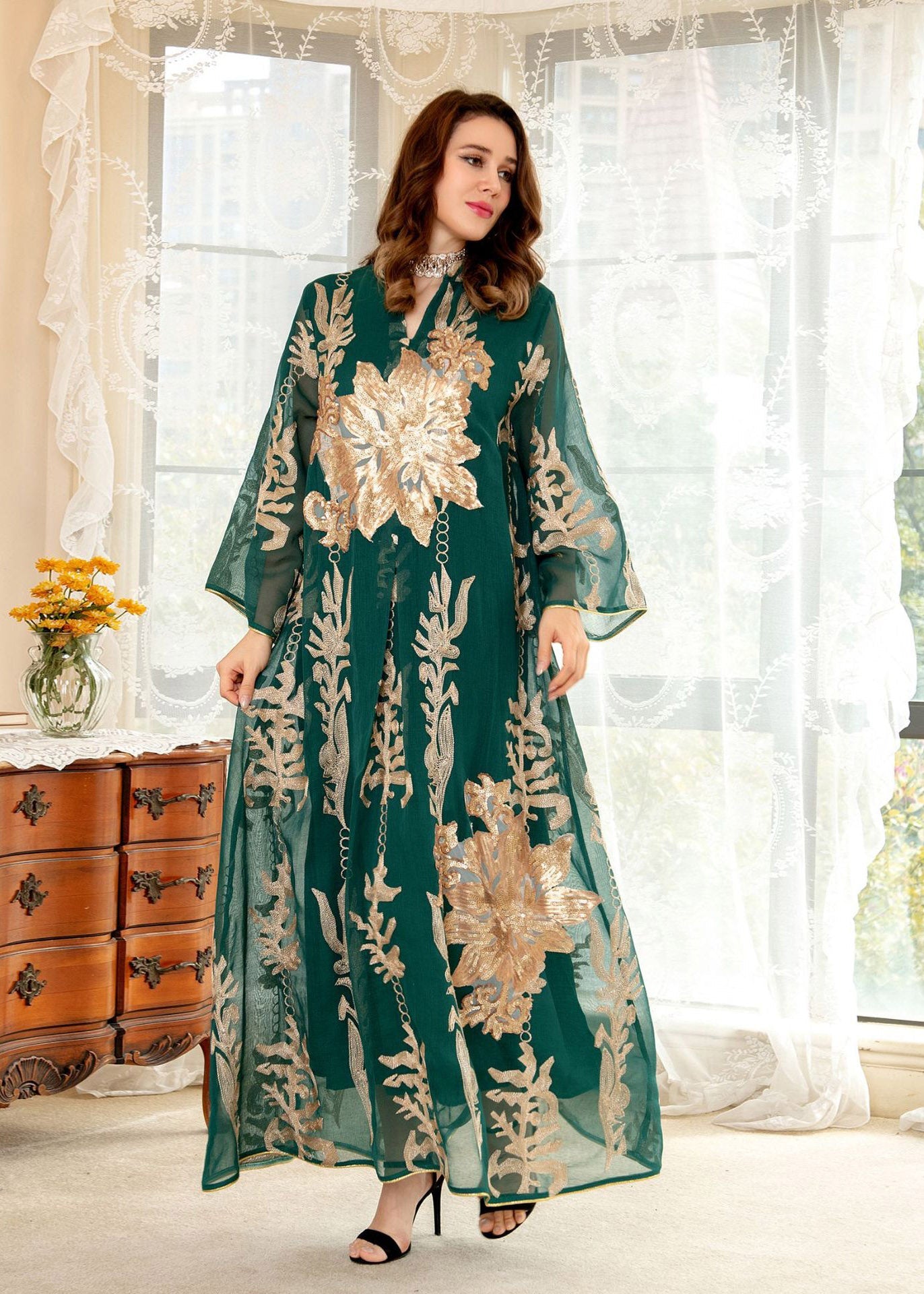 Green Embroideried Sequins Tulle Long Dress Fall