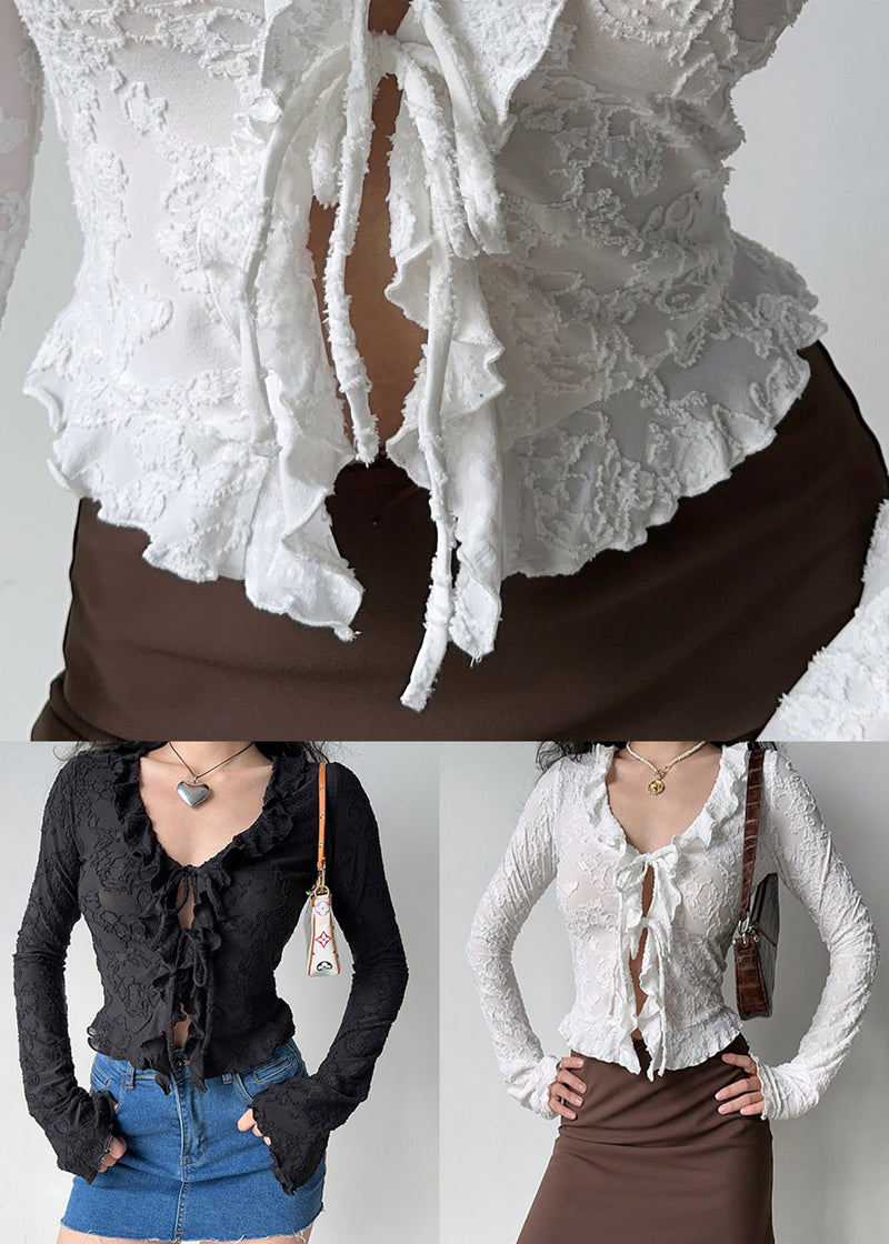 Black Lace Up Jacquard Cotton Fall Shirt Ruffled