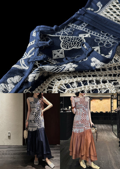 Art Navy O Neck Hollow Out Wrinkled Patchwork Cotton Long Dress Sleeveless