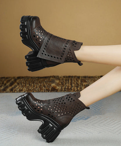 Hollow Out Chunky Boots Khaki Cowhide Leather