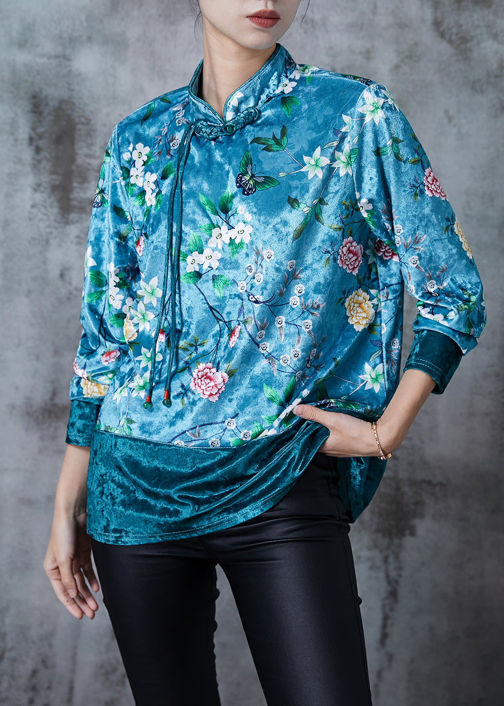 Royal Green Patchwork Silk Velour Oriental Top Tasseled Print Fall