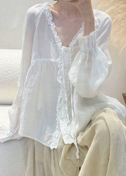 Simple White V Neck Patchwork Top Fall