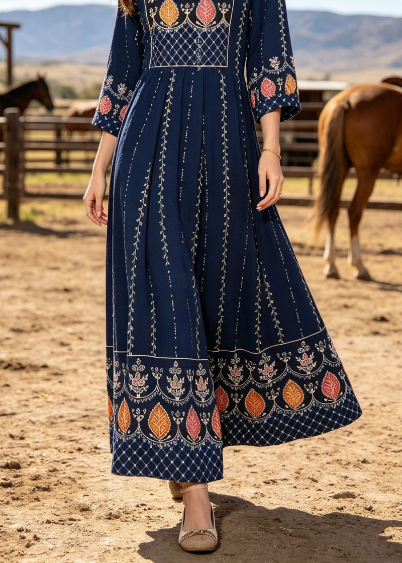 Navy V Neck Print Cotton Maxi Dresses Bracelet Sleeve