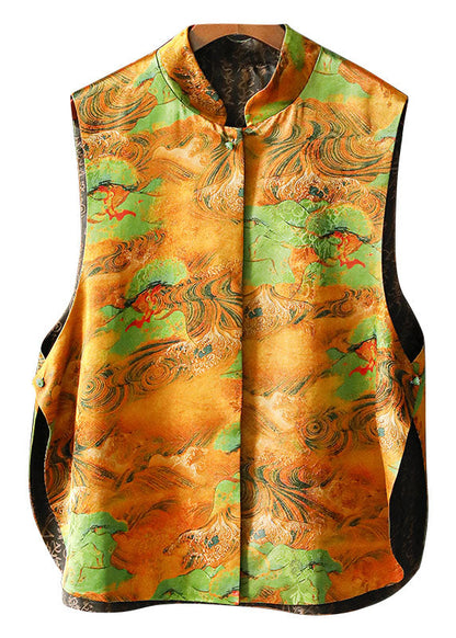 Khaki Stand Collar Button Side Open Print Silk Vests Spring