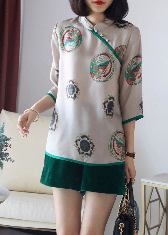 Grey Stand Collar Button Print Patchwork Silk Blouses Spring