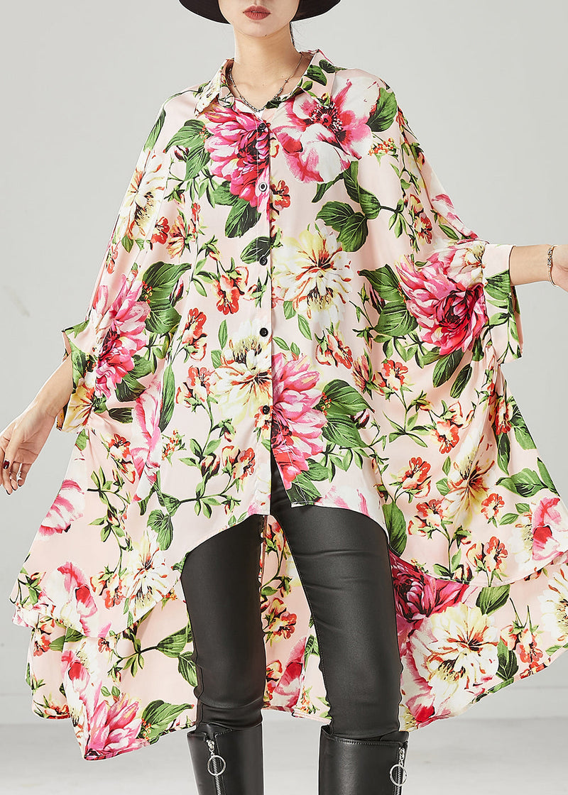 Apricot Print Low High Design Chiffon Shirt Dresses Spring