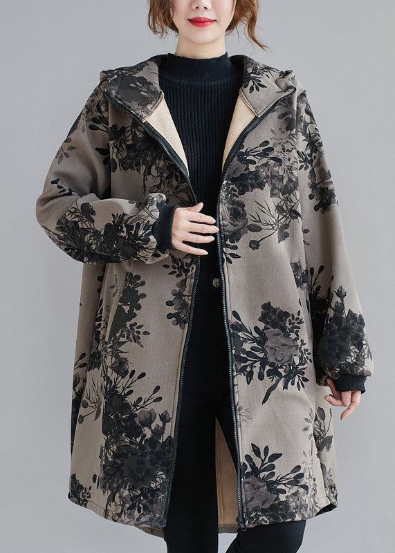 Charcoal Grey Hooded Print Pockets Patchwork Thick Coats Fall