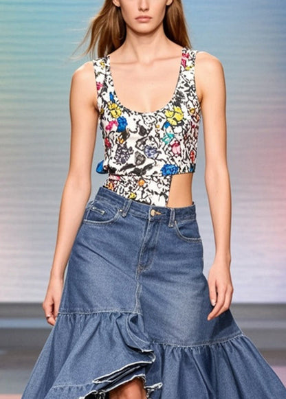Blue Ruffled Patchwork Side Open Denim Skirts Spring
