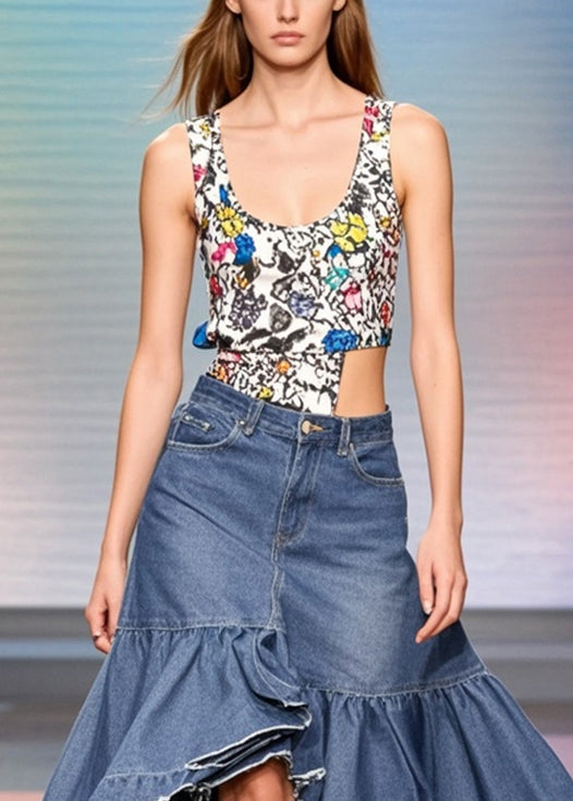 Blue Ruffled Patchwork Side Open Denim Skirts Spring