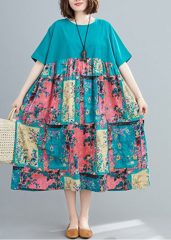 Green Print Cotton Maxi Dresses O-neck Oversized Summer