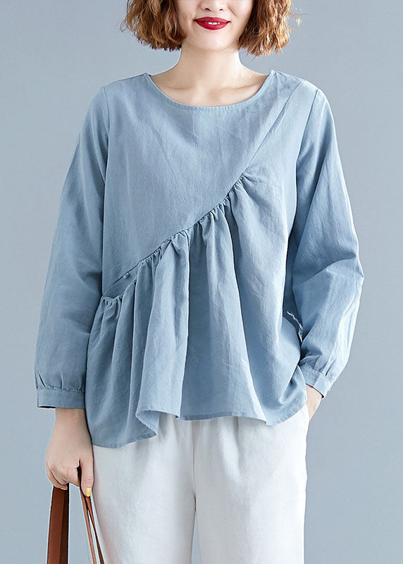 Loose Blue O-neck Pockets Patchwork Fall Long Sleeve Top