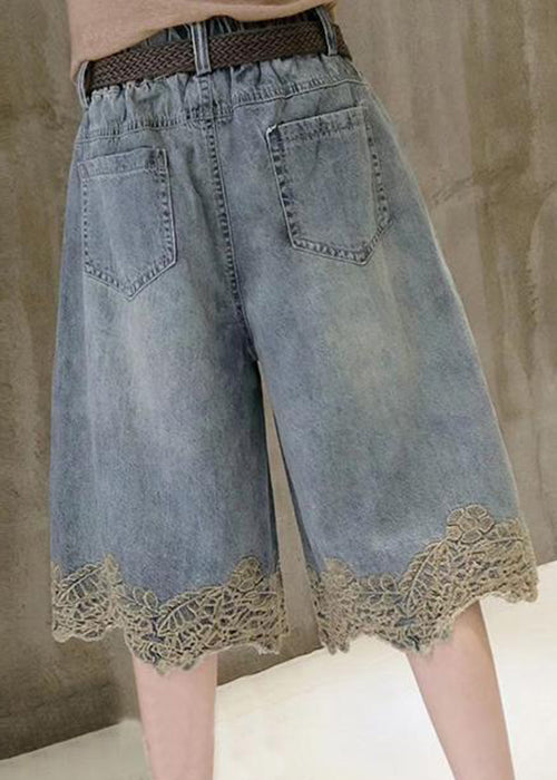 Blue Pockets Lace Patchwork Denim Shorts Summer
