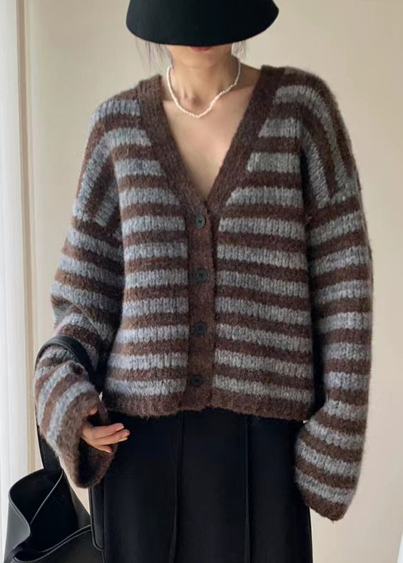 Coffee Striped Button Knit Knit Cardigans Coats Fall