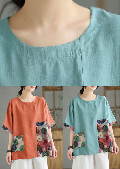 Orange O Neck Print Patchwork Linen T Shirt Top Summer