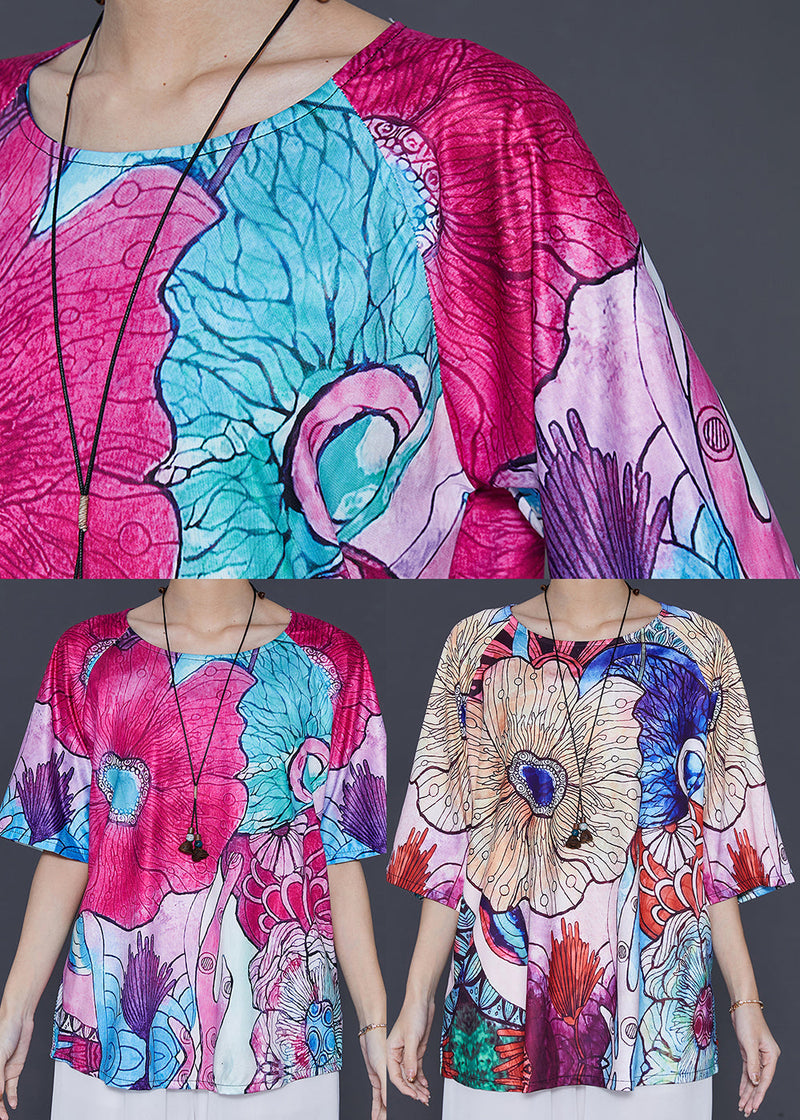 Rose Oversized Print Silk Blouse Top Summer