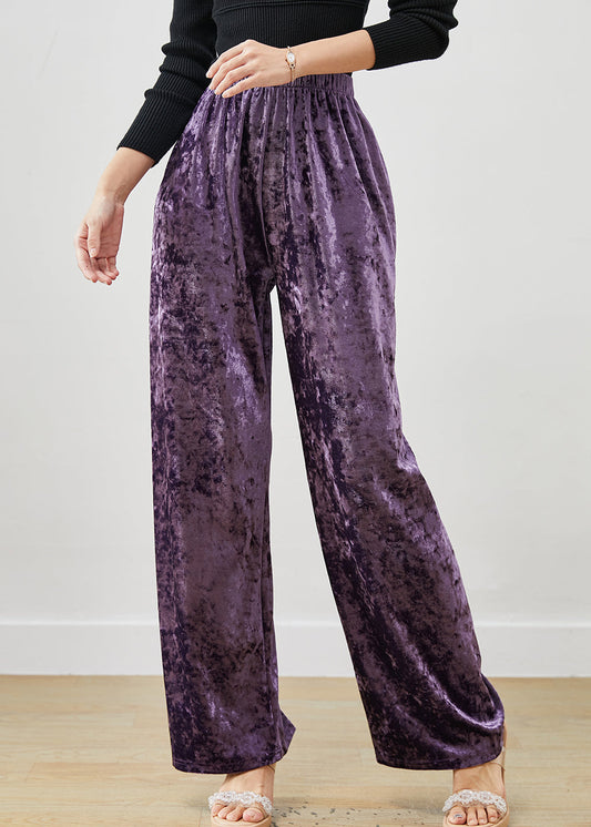 Purple Elastic Waist Silk Velvet Straight Pants Spring