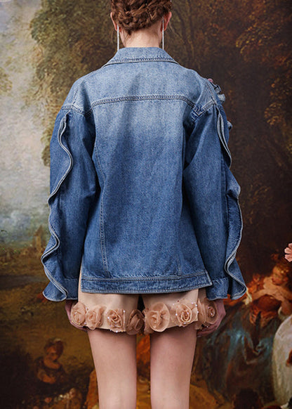 French Blue Embroideried Ruffled Patchwork Denim Coats Spring