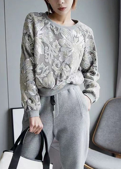 Handmade Grey O-neck Embroideried Sequins Velour Sweatshirt Fall