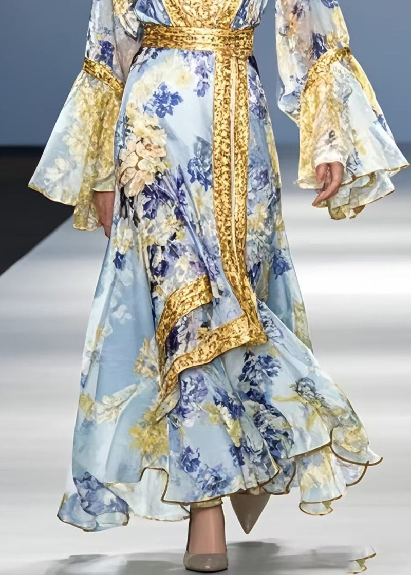 Blue Print Patchwork Chiffon Holiday Dress Flare Sleeve Spring