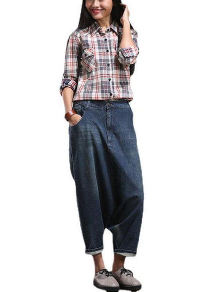 Modern Blue Pockets Wrinkled Fall Harem Denim Pants