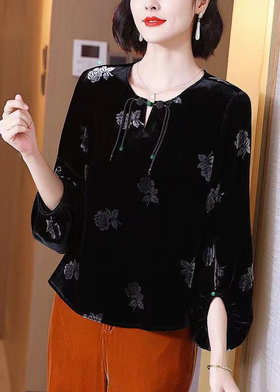 Black Tasseled Print Patchwork Velour Top Lantern Sleeve