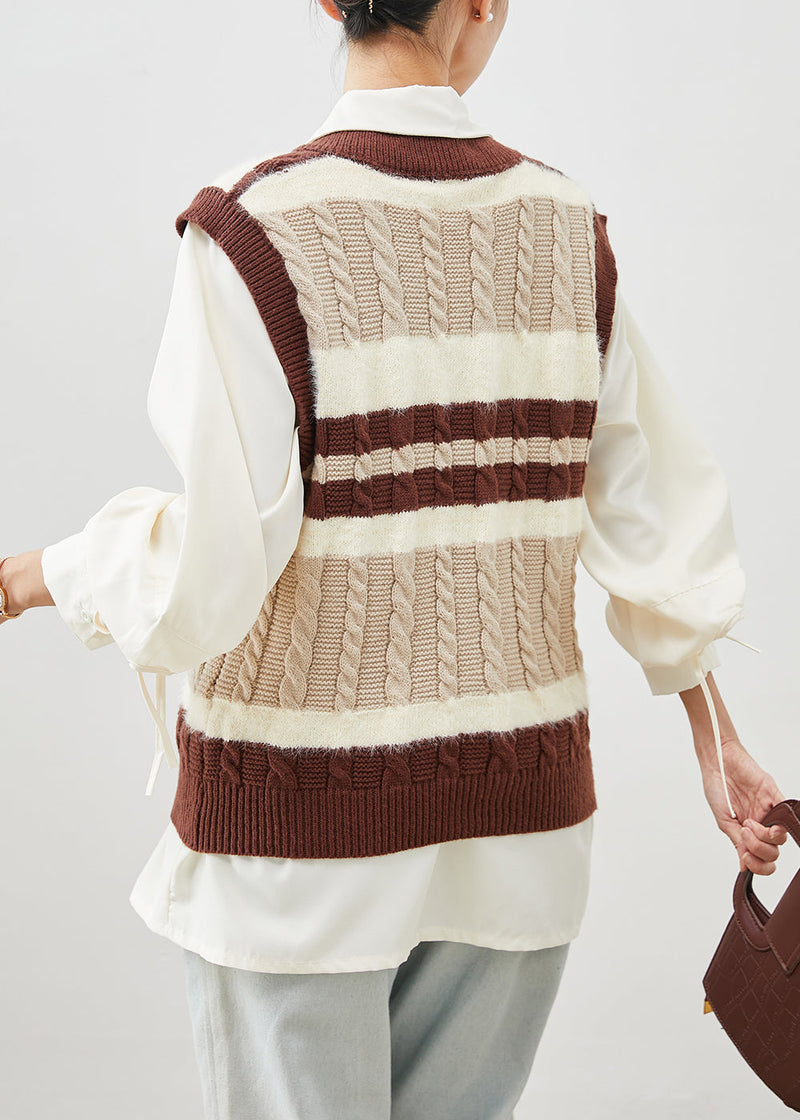 Khaki V Neck Patchwork Knit Vest and Shirt Two Pieces Set Winter
