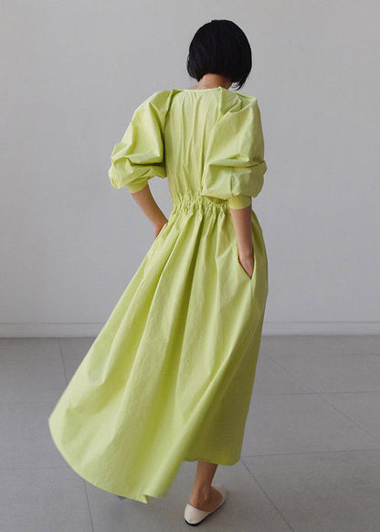 Green O-neck Button Pockets Wrinkled Cotton Long Dress Puff Sleeve