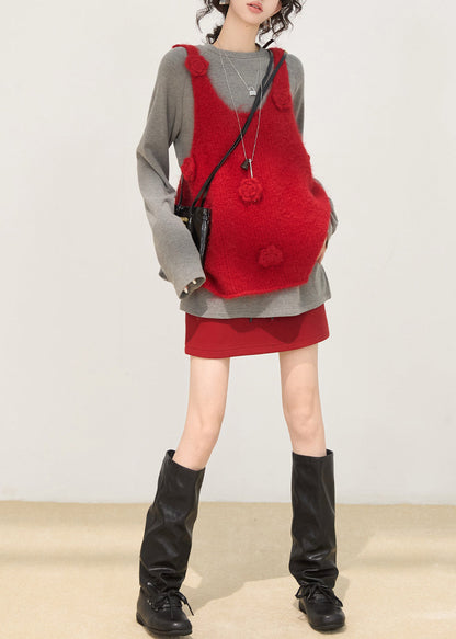 Fitted Red Decorated Knit Vests Winter