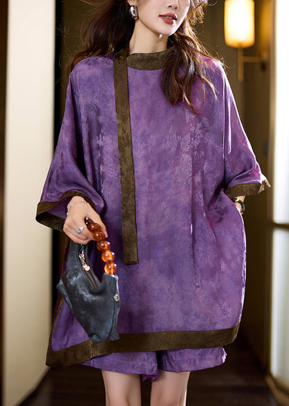 Loose Purple Tops and Shorts Silk Two Piece Set Clothing Summer