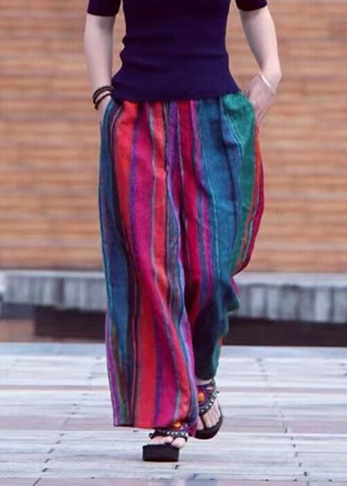 Colorblock Pockets Striped Cotton Wide Leg Pants Summer