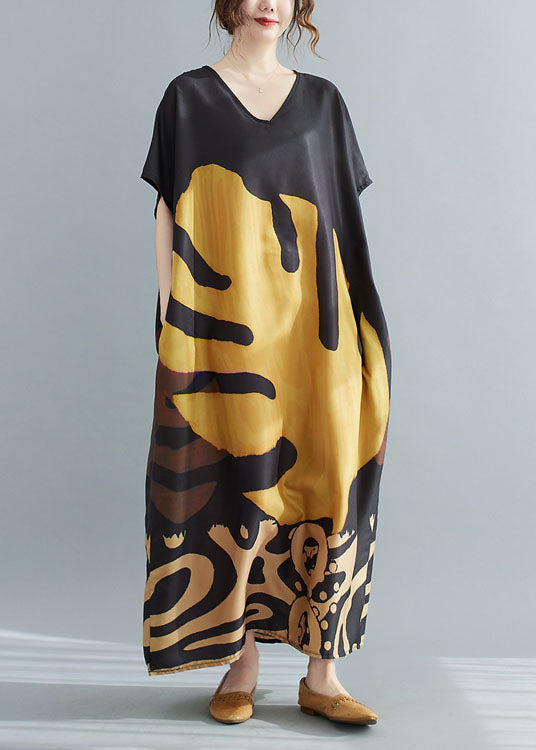 Loose Black V Neck Oversized Leaf Print Chiffon Long Dress Short Sleeve Summer
