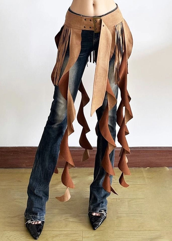 Brown Patchwork Wavy Line Tassel Ribbon Sashes Skirt