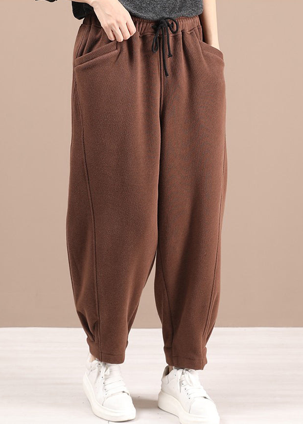 Coffee Pockets Elastic Waist Warm Fleece Pants Winter