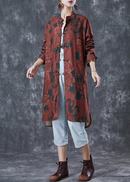 Dull Red Print Linen Chinese Style Shirt Dress Fall