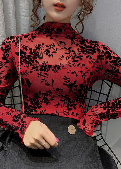 Apricot Turtleneck Embroideried Lace Tops Bottoming Shirt