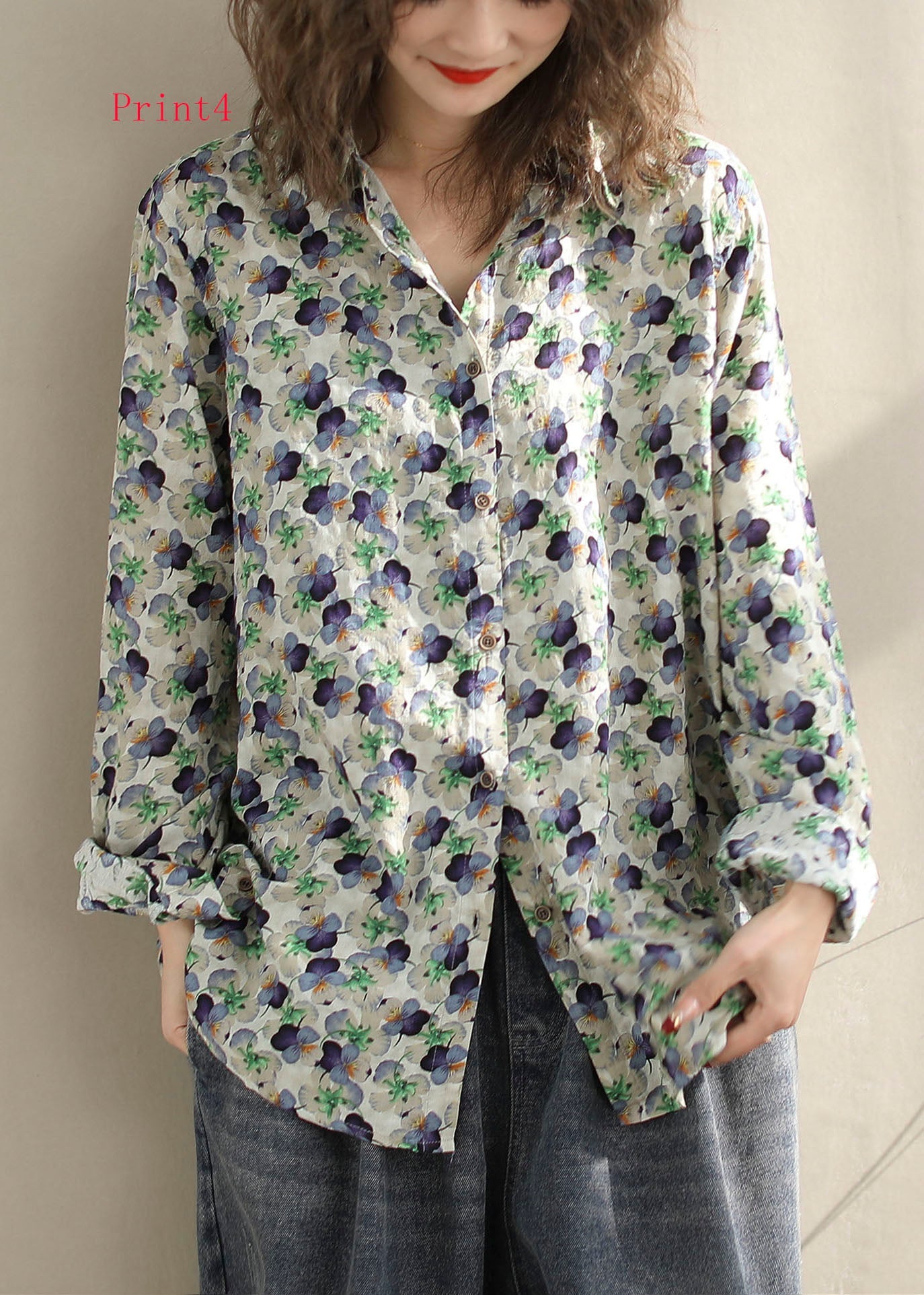 New Versatile Print Peter Pan Collar Cotton Shirt Long Sleeves