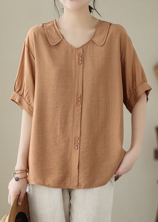 Orange Peter Pan Collar Patchwork Cotton Shirt Tops Summer