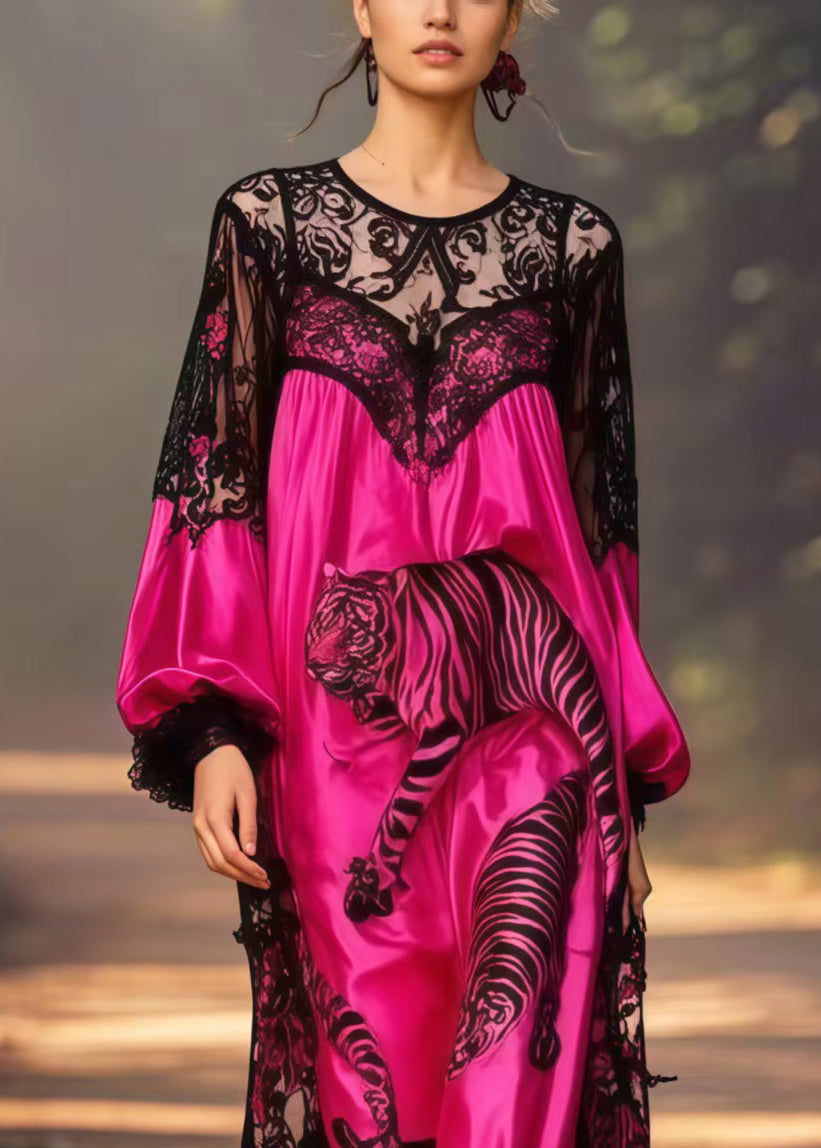 Pitaya Print Patchwork Lace Long Dresses Spring