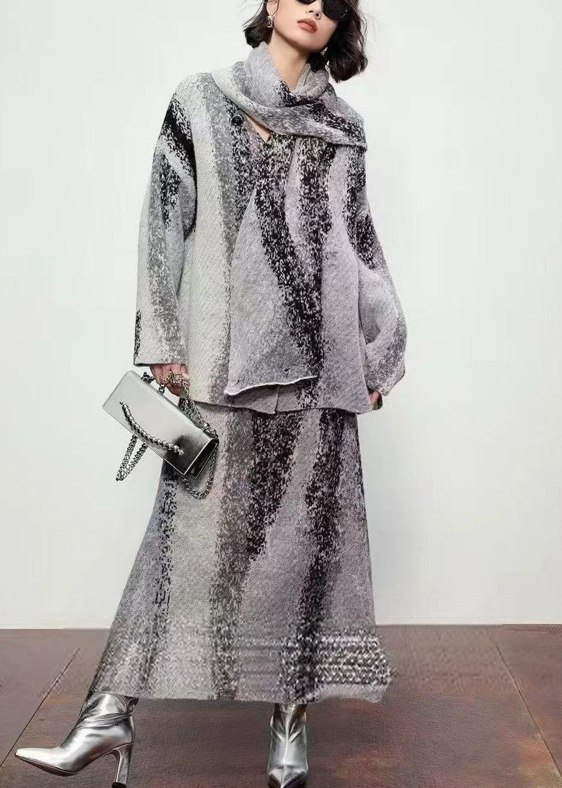 Natural Grey Print Wool Cardigan ,scarf and Maxi Skirts Three Piece Set Fall