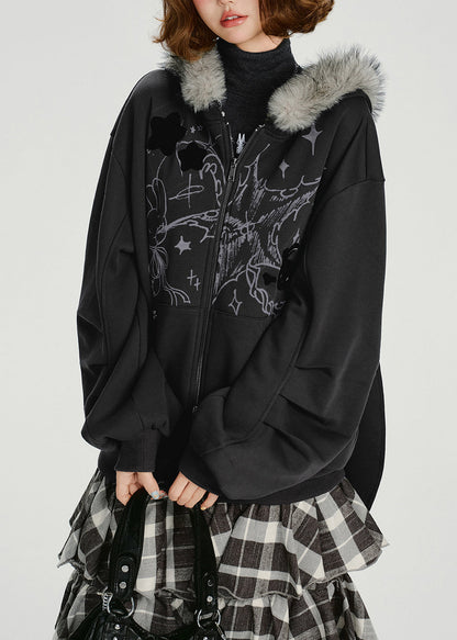 Dark Grey Fur Collar Patchwork Cotton Hooded Coat Spring