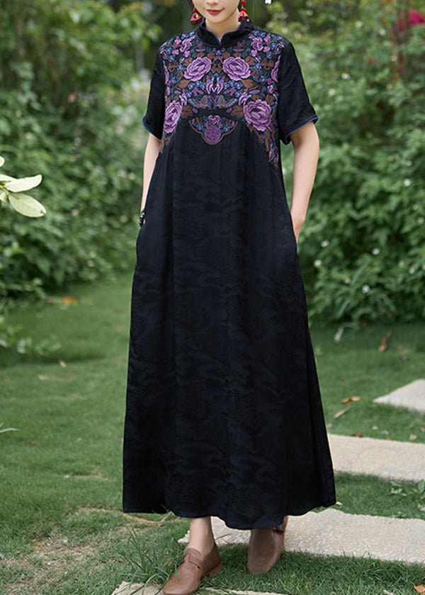 Black Silk Dress Embroidered Stand Collar Summer