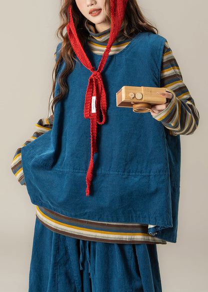 Handmade Blue O Neck Vest T Shirt Pants Corduroy Sets 3 Pieces Spring