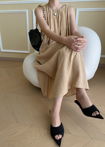 Holiday Style Purple O Neck Wrinkled Linen Dresses Sleeveless