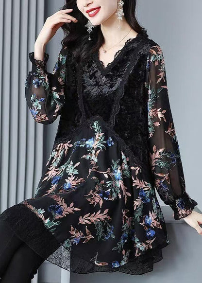 Black Velvet Print Patchwork Chiffon Dresses Spring