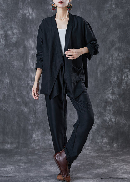Black Oversized Tie Waist Linen Two Pieces Set Fall