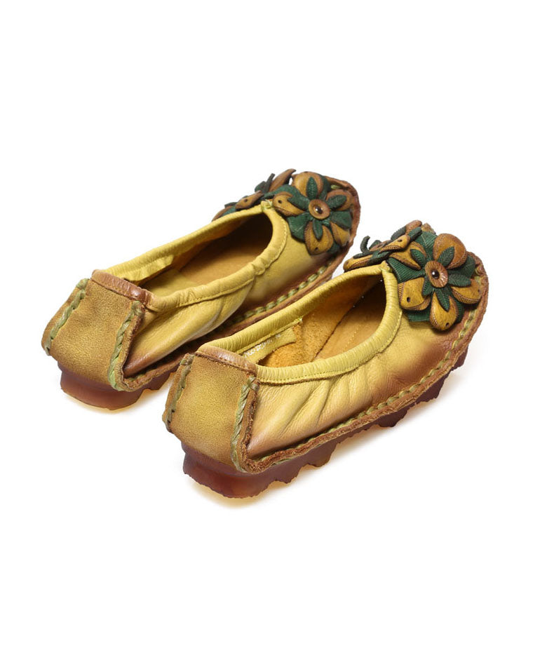 Splicing Flat Shoes Yellow Cowhide Leather