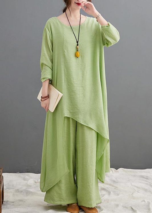 Green Suit Spring Long Top Wide Leg Pants Two Pieces