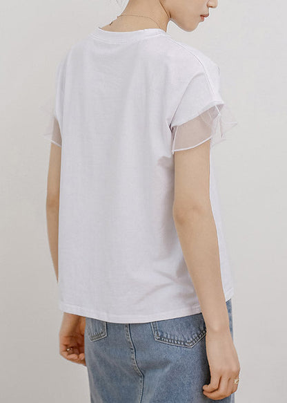 White O-neck Ruffled Cotton T Shirt Short Sleeve