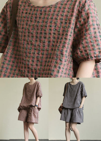 Black Plaid Tops and Shorts Patchwork Cotton Two Piece Set O Neck Summer